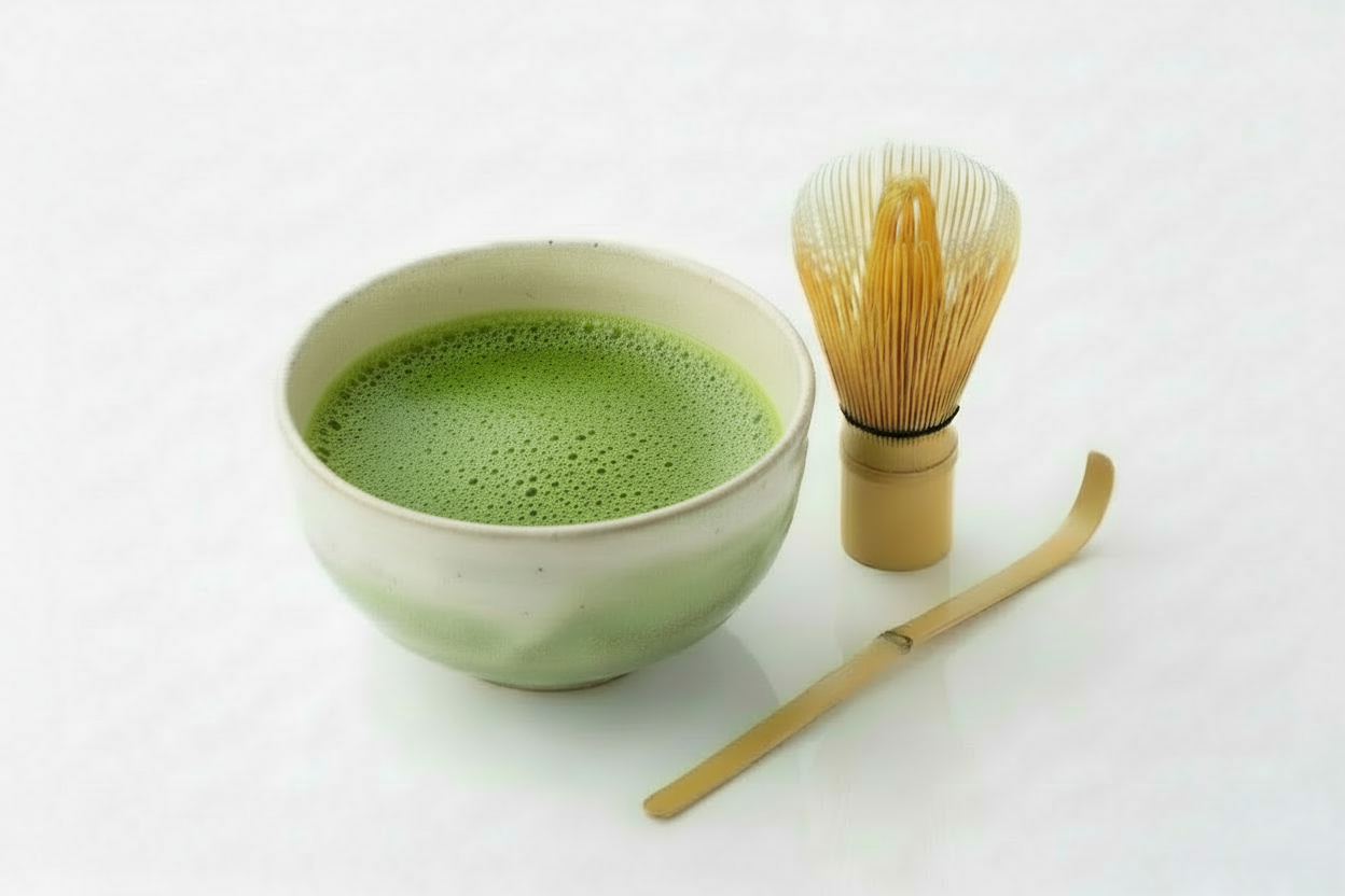 bright green matcha with whisk, white background, make it vibrant ceremonial grade green shade, not too yellow-green
